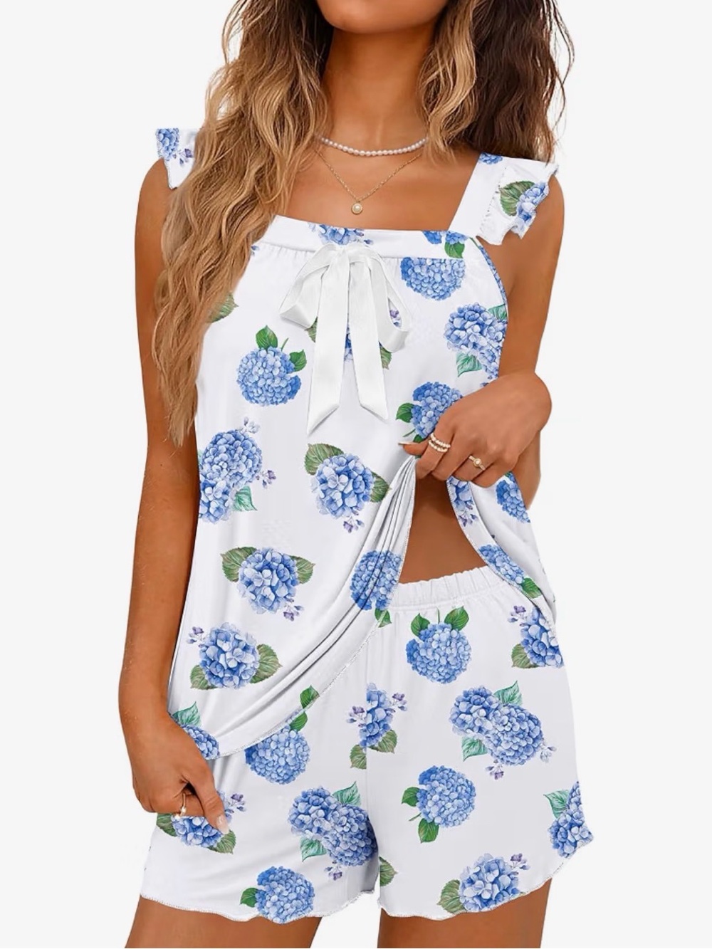 A461 Floral Hydrangea Nursing Tank & Shorts Set - Blue
